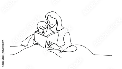 Mother and Child Bedtime Story, Single Line Drawing, Book Reading