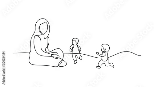 OneLine Drawing Mother Watching Children Play Outdoors