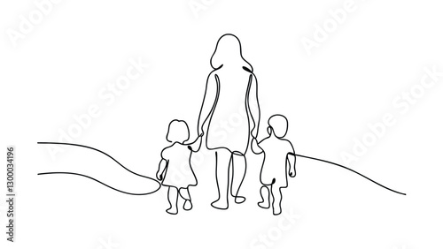 A singleline drawing depicts a mother walking with two young children, holding their hands. They stroll along a gently rolling landscape, symbolizing family togetherness and maternal love.