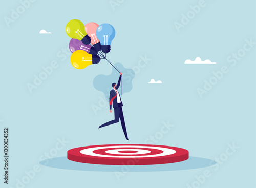 Reaching goal or target concept, achievement or business success, businessman with lightbulb balloons landing down to center of target