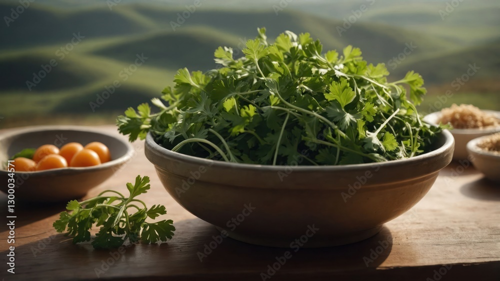 A bowl of fresh cilantro surrounded by ingredients on a wooden table with a scenic backdrop. A bowl of fresh cilantro surrounded by ingredients on a wooden table with a scenic backdrop.