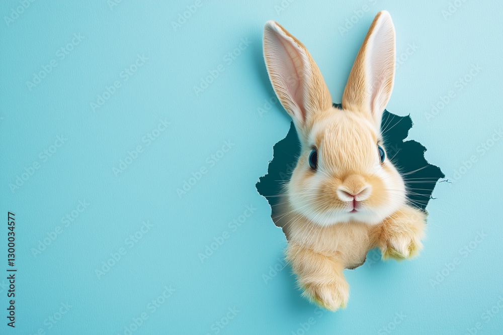 Obraz premium rabbit is peeking out of a hole in a wall. The rabbit is small and fluffy, and it is curious about what is on the other side of the hole. The image has a playful and whimsical mood