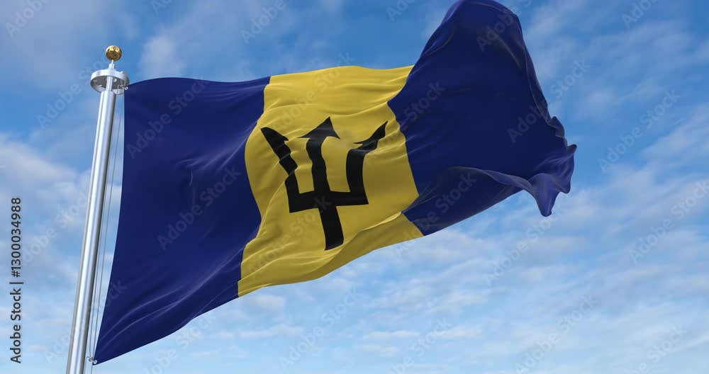 Barbados flag with flagpole waving in wind, rolling clouds background looping, 4K video (Perfect Loop)