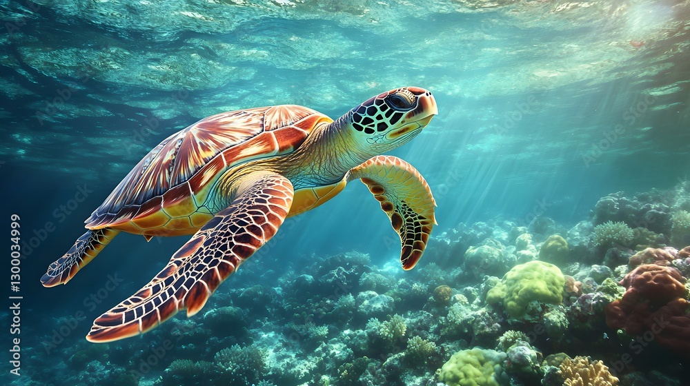 Fototapeta premium Colorful Sea Turtle Swimming Near Vibrant Coral Reef Under Bright Sunlight in Clear Ocean Water