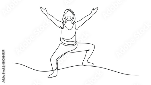 Happy Woman Continuous Line Art Yoga Pose, Joyful, Fitness