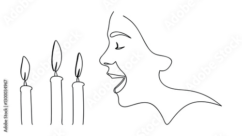 A minimalist line art drawing depicts a womans profile facing four lit candles, possibly symbolizing a Hanukkah celebration or a similar candle lighting tradition.