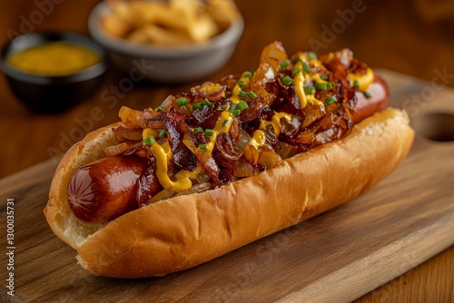 Close-up of a savory hot dog garnished with mustard, caramelized onions, and fresh chives on a rustic wooden cutting board, ready to enjoy with sides