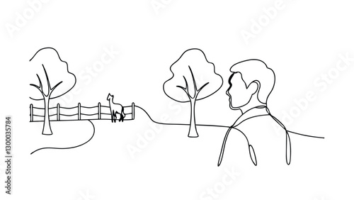 SingleLine Drawing Man, Trees, Fence, Llamas, Peaceful Park