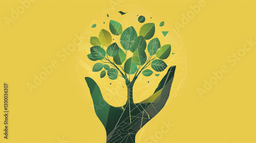 Abstract palm guard geometric trees symbolizing earth and plant life. The yellow-brown triangle is stacked to form a stable and stratified trunk, and the concentric semicircle forms a crown with diffe
