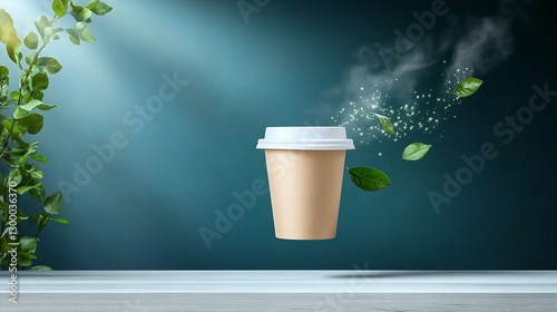 Floating coffee cup with steam and green leaves in sunlight