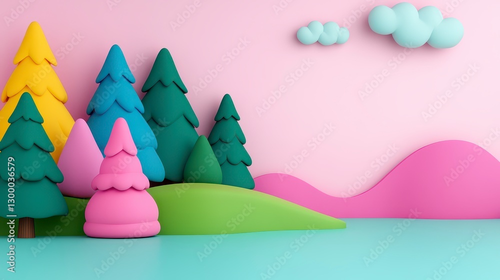 Obraz premium Pastel Colorful 3D Forest Scene with Colorful Trees