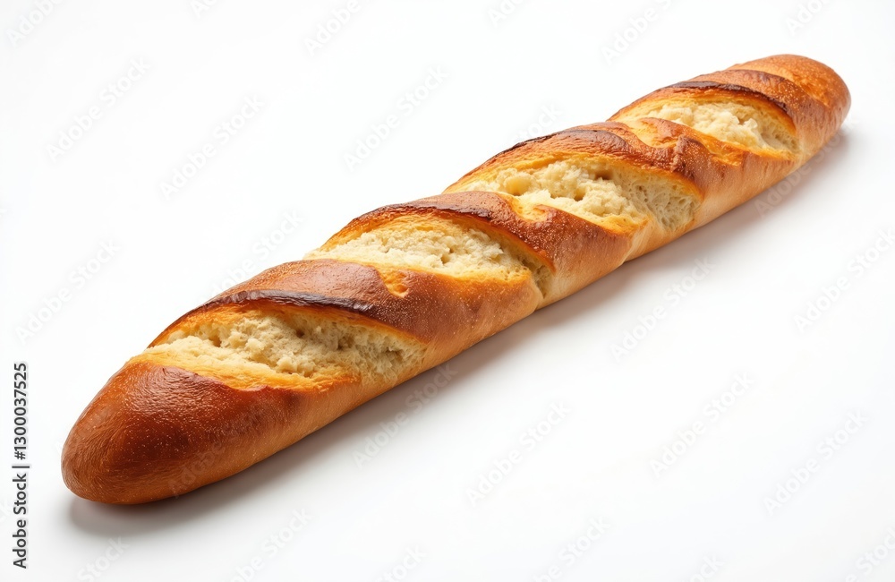 Fresh long french baguette isolated on white background. Crusty brown bake bread with cut marks, homemade loaf from bakery, healthy vegetarian wholegrain food for breakfast. Generative AI. Fresh long french baguette isolated on white background. Crusty brown bake bread with cut marks, homemade loaf from bakery, healthy vegetarian wholegrain food for breakfast. Generative AI.