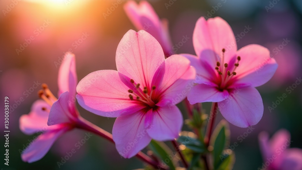 Close-up of vibrant pink 4 o'clock flowers in bloom, illuminated by warm sunlight. Close-up of vibrant pink 4 o'clock flowers in bloom, illuminated by warm sunlight.
