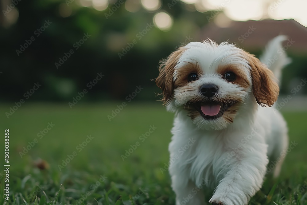 Small white and brown dog runs energetically through a vibrant park, tail wagging and grass flying around as it enjoys a playful moment in the sunshine Small white and brown dog runs energetically through a vibrant park, tail wagging and grass flying around as it enjoys a playful moment in the sunshine