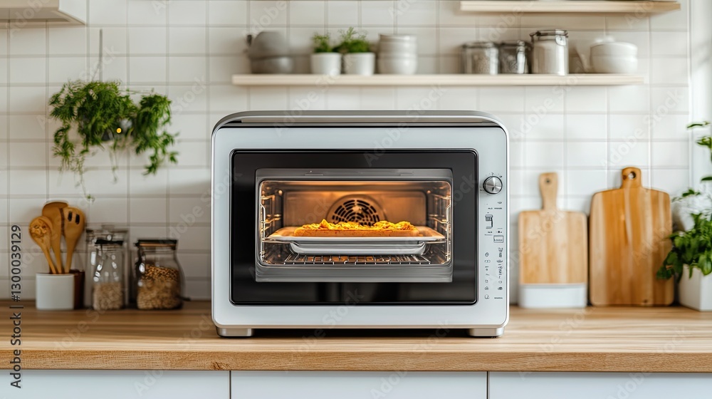 A modern countertop convection oven with a clean design, placed on a kitchen counter with plenty of surrounding space for text and branding. A modern countertop convection oven with a clean design, placed on a kitchen counter with plenty of surrounding space for text and branding.
