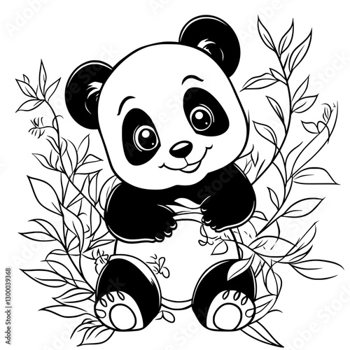 Cute Panda Cub Line Art: A black and white line art illustration depicting a playful and adorable panda cub, surrounded by bamboo leaves, perfect for coloring pages or creating digital art projects.