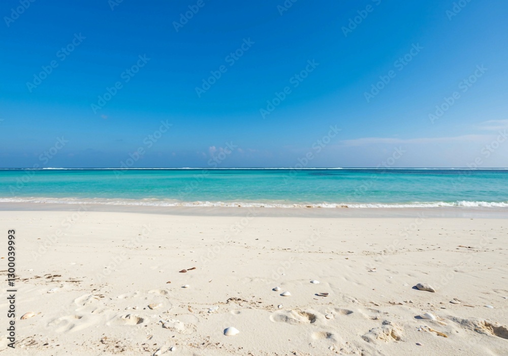 The vastness and natural beauty of a tropical beach are captured in this image, with white sand, turquoise water, and a clear blue sky The vastness and natural beauty of a tropical beach are captured in this image, with white sand, turquoise water, and a clear blue sky