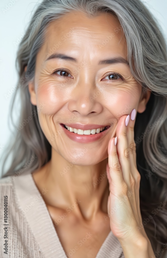 Happy middle aged Asian woman touches face, looks at camera isolated on white. Senior 50 year lady with grey hair, healthy radiant skin. Ads of lifting anti wrinkle skincare. Happy middle aged Asian woman touches face, looks at camera isolated on white. Senior 50 year lady with grey hair, healthy radiant skin. Ads of lifting anti wrinkle skincare.