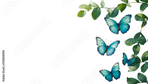 Blue butterfly flying on a white background.
