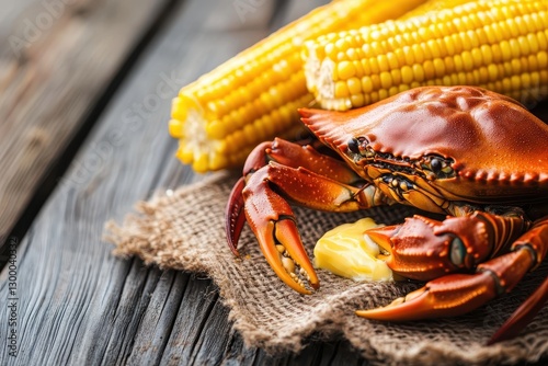 Delight in a coastal feast with steamed crabs, melted butter, and fresh corn on a rustic wooden table. Generative AI photo