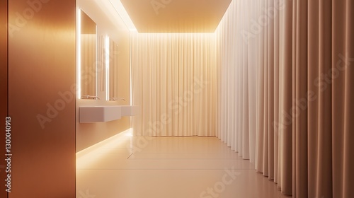 A smooth, white shower curtain in a sleek, contemporary bathroom with neutral walls, leaving plenty of open space for text or creative design.