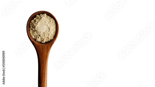 Photo of ginseng powder and tea with wooden spoon on white background

