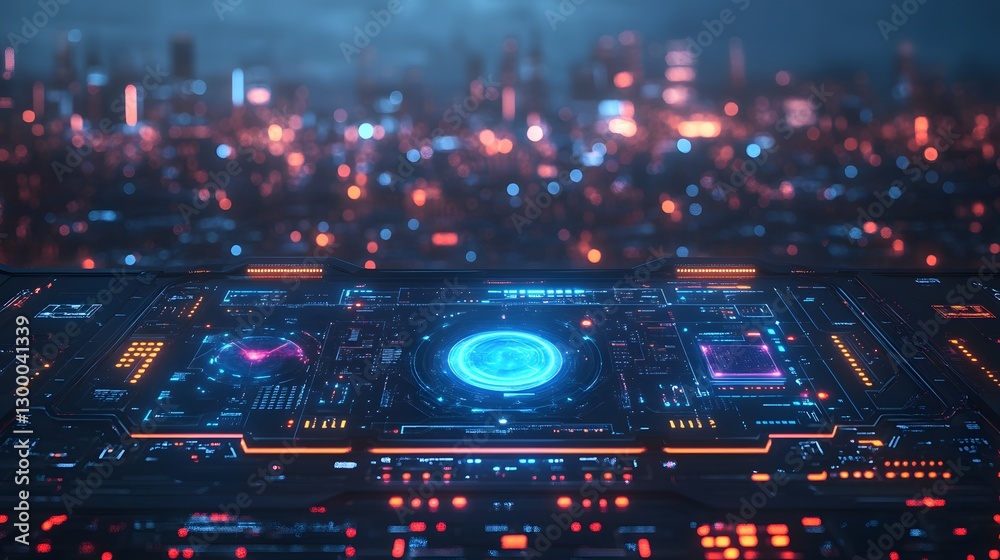 Obraz premium cyberpunk cityscape with futuristic elements and neon lights on a circuit board