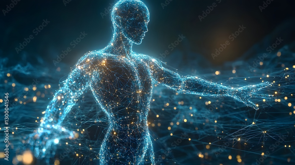 a human figure is represented by a digital network, highlighting the interconnectedness of the mind and body, representing the concept of technology and science a human figure is represented by a digital network, highlighting the interconnectedness of the mind and body, representing the concept of technology and science