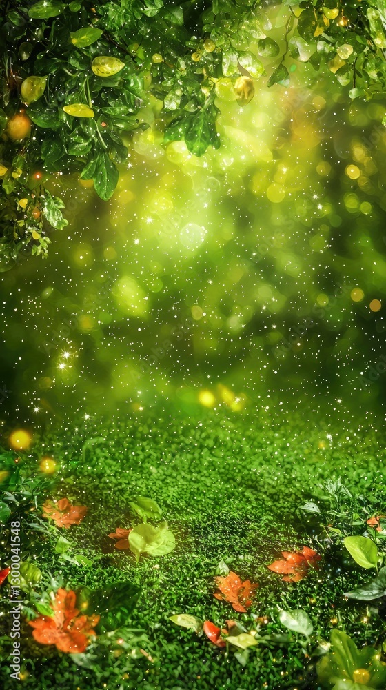Obraz premium Magical autumn orchard, sunlight dappled grass, fallen leaves, nature background, ideal for fantasy, fairytale themes