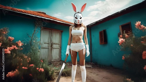 Woman standing in front of a blue house with pink flowers. She is wearing a white bunny mask with large pink ears and a white bikini top.