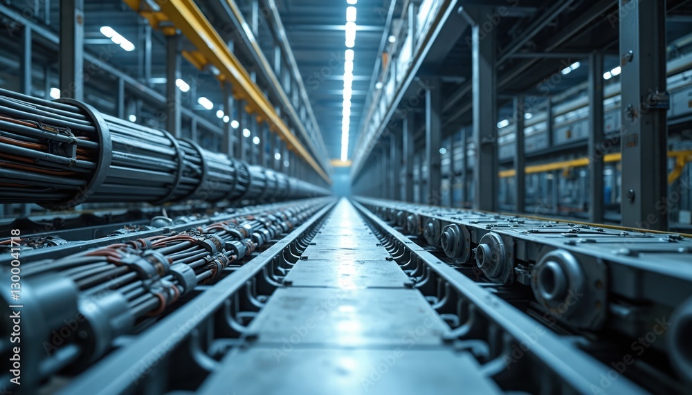 Fototapeta premium Cable tray system carrying neatly arranged electrical cables throughout industrial plant. Connectors running various devices. Ensures safe, organized cable management. Modern solution power, data