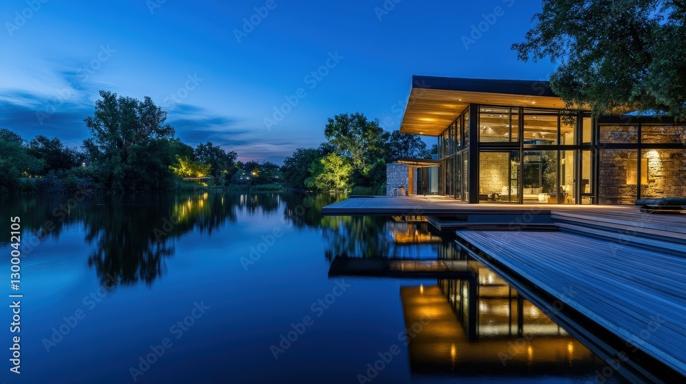 Modern Lake House at Dusk Modern Lake House at Dusk