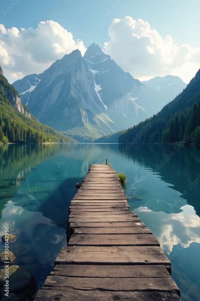Serene wooden path meanders across calm lake, majestic mountains loom , clouds, picturesque, dark Serene wooden path meanders across calm lake, majestic mountains loom , clouds, picturesque, dark