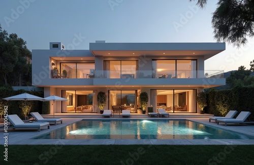Luxury villa at twilight in Beverly Hills with swimming pool. Modern architecture illustration of exterior facade design with apartment buildings, backyard with sunbeds. Vacation rentals Los Angeles.
