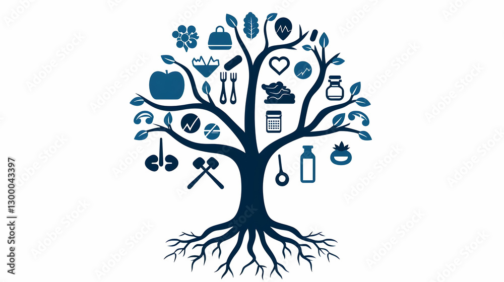 Fototapeta premium Tree of Wellness and Nutrition Symbols for Healthy Living Concepts