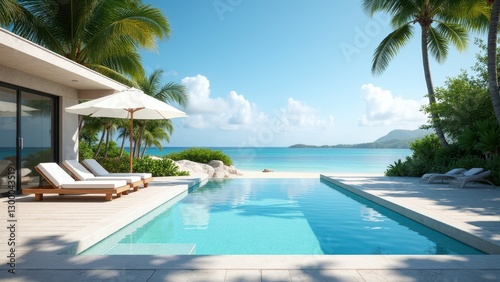 A luxurious beachfront bungalow with a private pool, sun loungers, and a stunning ocean view.