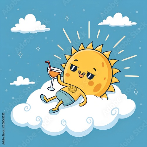 Funny relaxed sun is lying on a cloud in the sky and drinking an alcoholic cocktail in a glass. Vector illustration of a cute character from outer space resting and shining.