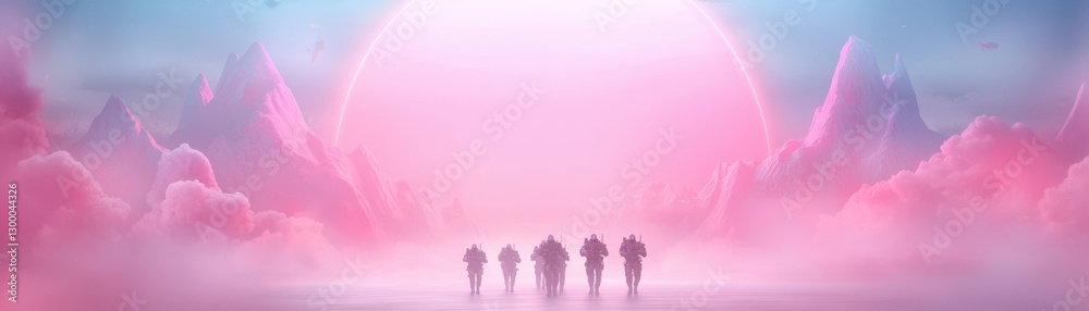 Fototapeta premium A group of silhouettes stands before a large, glowing sun, surrounded by soft, colorful clouds in a dreamy landscape.