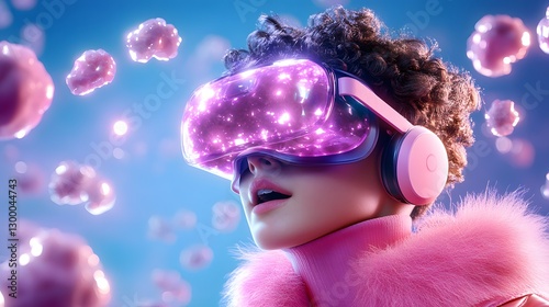 a woman wearing a VR headset and pink clothing, looks surprised, in a surreal futuristic environment. The scene is filled with floating objects and glowing effects.