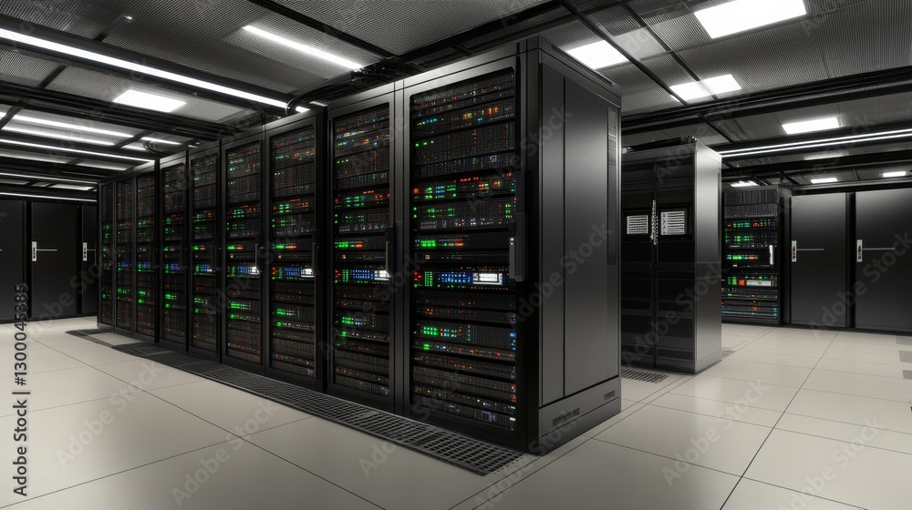 Naklejka premium Visualizing cloud computing server room 3d render digital space aerial view high-tech infrastructure