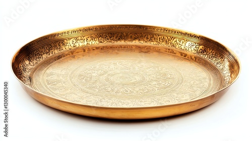 Ornate golden plate with intricate engravings on a white isolated background.