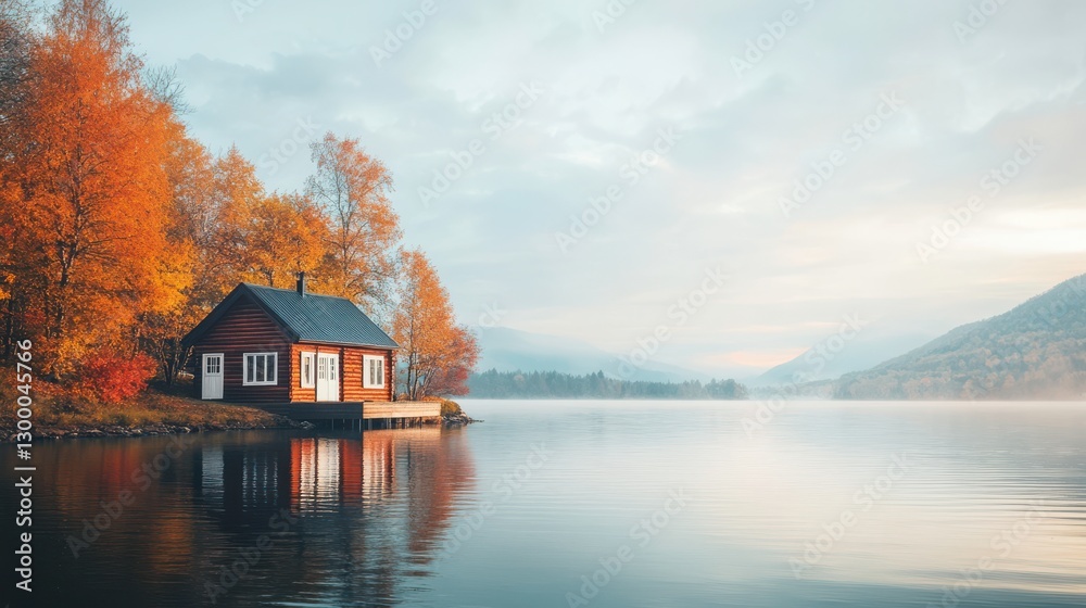 Obraz premium Tranquil Lake Landscape at Dusk with Rustic Cabins