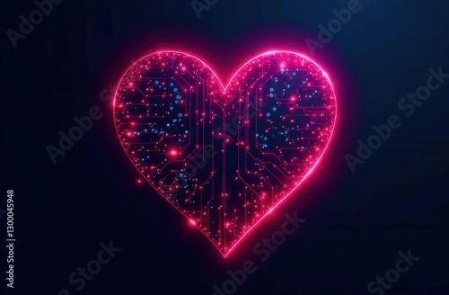 Glowing neon heart shaped circuit board symbolizing technology and love