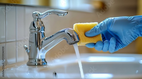 Clean Kitchen Sink with Blue Glove and Sponge