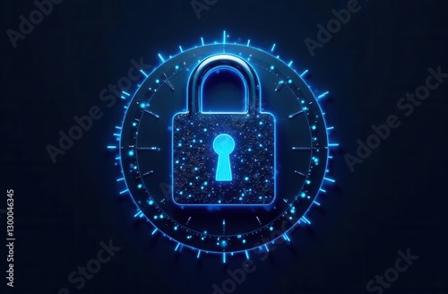 Glowing digital lock symbol on neon blue background representing cybersecurity and data protection