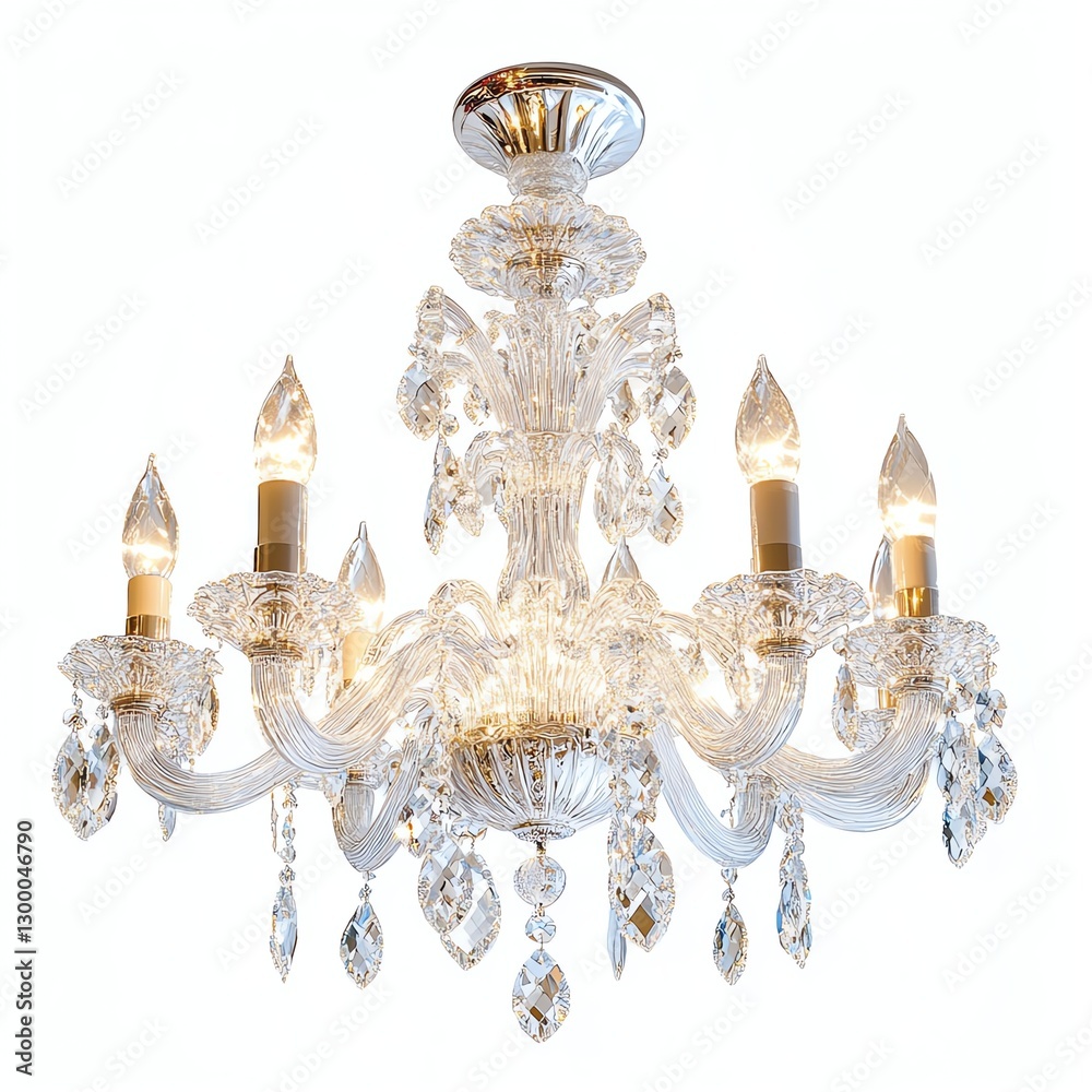 Elegant chandelier with crystal accents against a white isolated background.