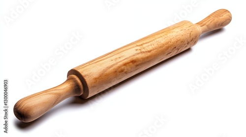 Wooden rolling pin on a white background, ideal for baking and cooking purposes.