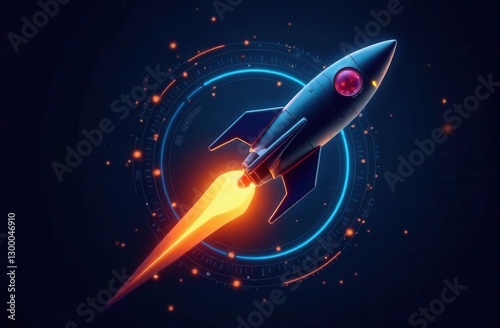 Futuristic rocket in space with glowing trail and technological accents