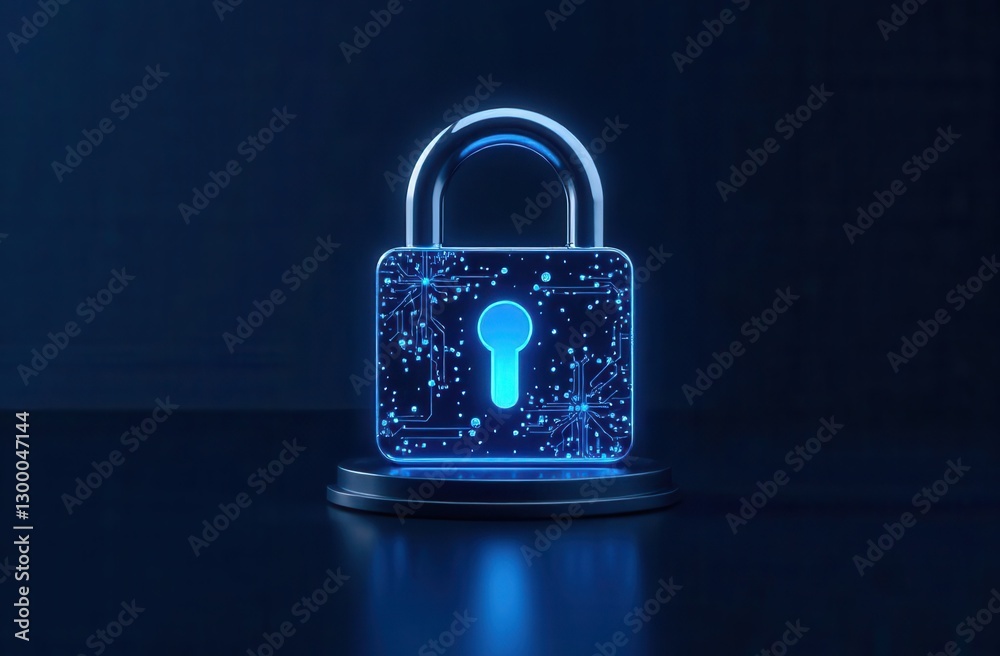 Fototapeta premium Futuristic glowing padlock with circuit patterns on dark background