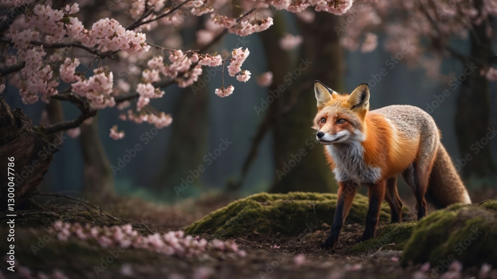 Fototapeta premium A fox stands amidst blooming cherry blossoms in a serene forest setting.